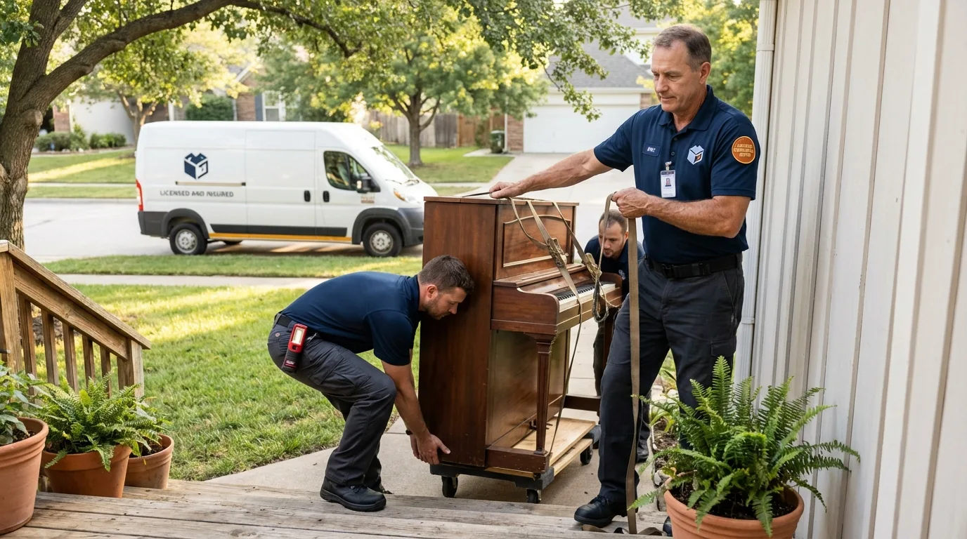 Licensed piano movers securing grand piano in East Kingston, NH