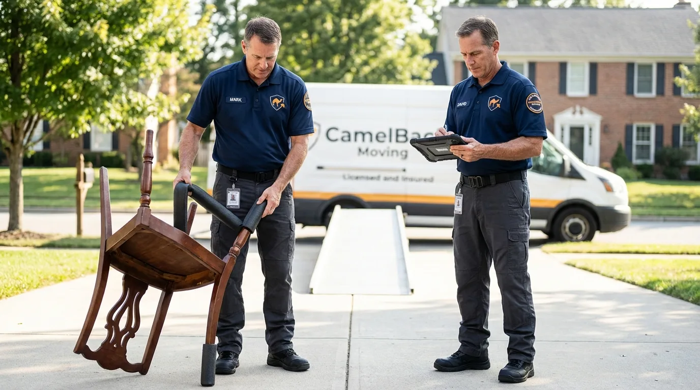 Movers inspecting furniture for damage prevention before loading in East Kingston, NH