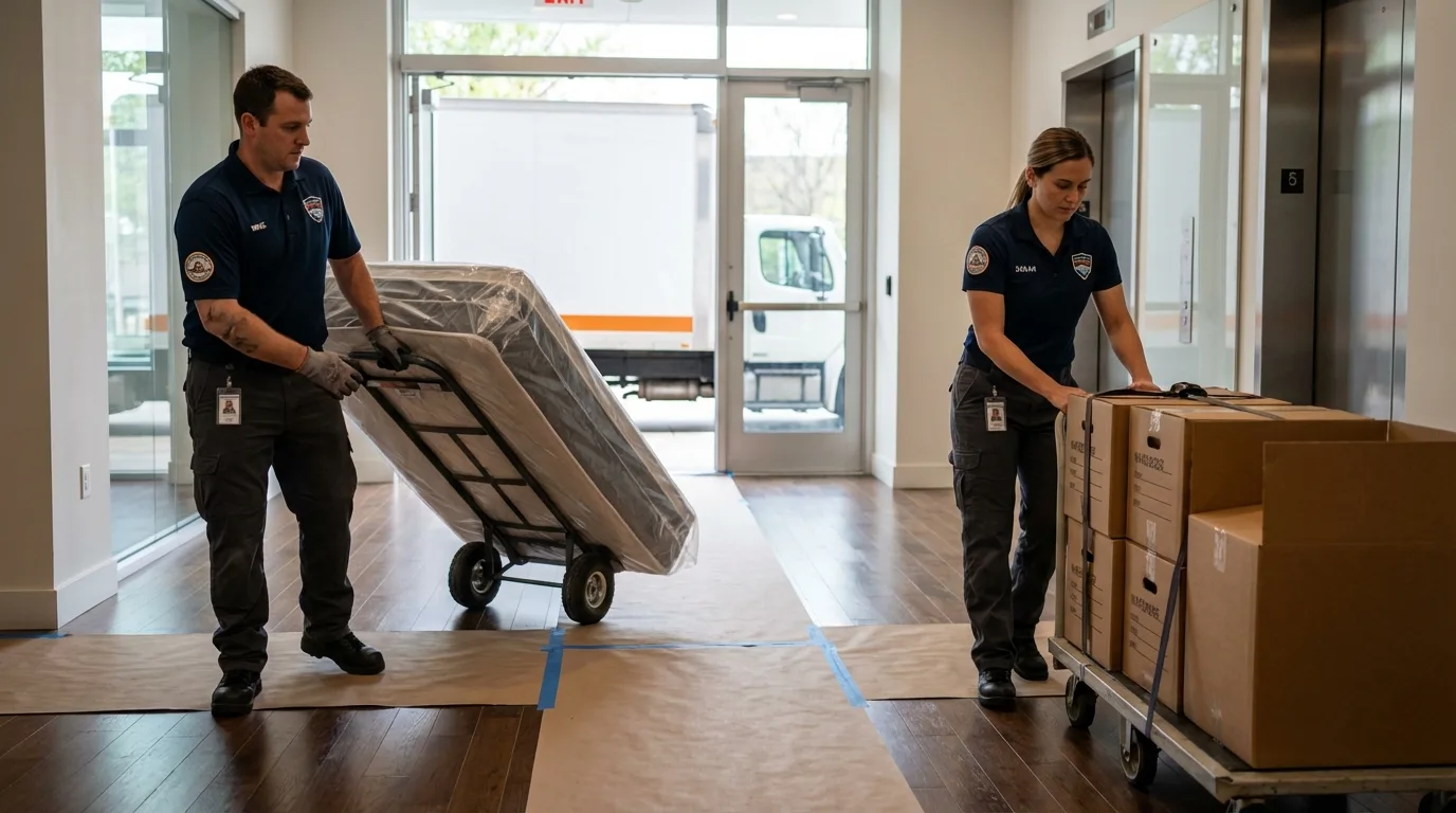 Professional apartment movers loading elevator in East Kingston, NH