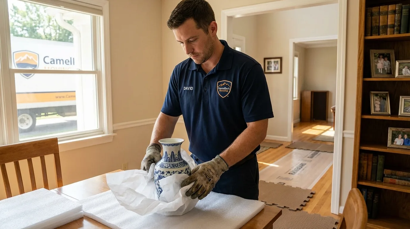 Professional crew carefully wrapping antique vase for senior downsizing move in East Kingston, NH