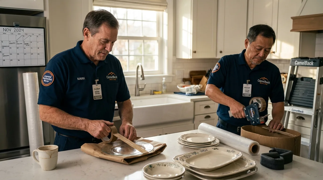 Professional crew packing kitchen dishware in East Kingston, NH